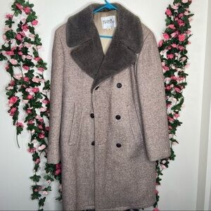🌹 Fox Knapp VTG Tan Brown Wool Peacoat Faur Fur Coat 40 Long Button Up Winter